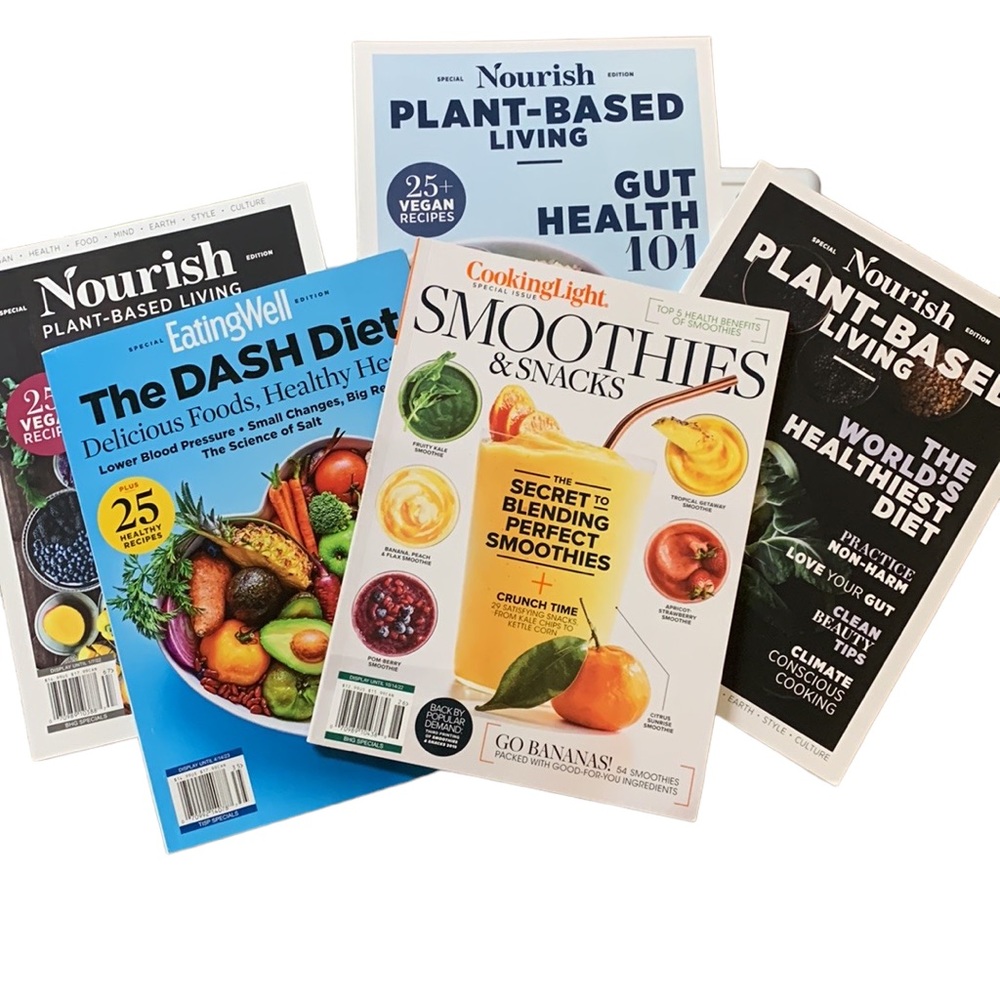 FIVE HEALTHY FOOD PLANT BASED LIVING MAGAZINE BOOKS